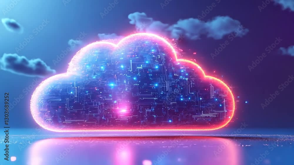 Poster innovative cloud computing network with glowing digital circuitry, future technology