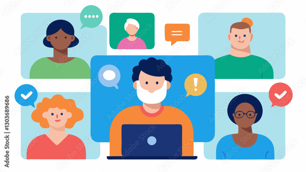 Poster Social VR Interaction A group of diverse individuals with various disabilities engaging in a virtual meetup showcasing features like sign language interpretation and visual alerts