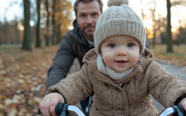 A cheerful child is riding a bike with a warm hat, smiling at the camera while the father helps from behind. The autumn park is filled with fallen leaves and a beautiful sunset