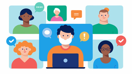 Fototapeta premium Social VR Interaction A group of diverse individuals with various disabilities engaging in a virtual meetup showcasing features like sign language interpretation and visual alerts