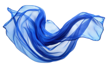 Elegant blue silk fabric flowing gracefully through the air in a bright space during daylight isolated on transparent background