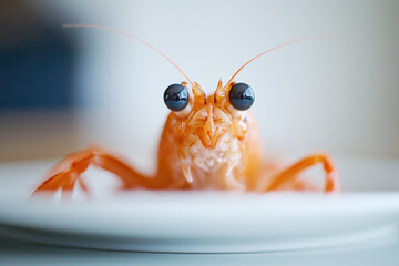 Cute shrimp posing facing the camera while standing on a plate. Generative AI.