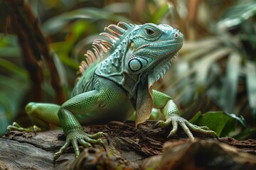 Colorful green iguana perched on a branch in its tropical habitat, flaunting vibrant scales and exotic beauty