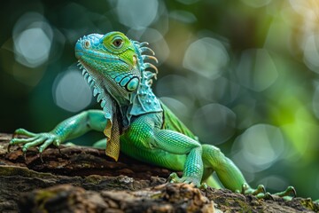 Fototapeta premium Colorful green iguana perched on a branch in its tropical habitat, flaunting vibrant scales and exotic beauty