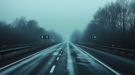 Obraz premium Misty highway stretches into the distance, disappearing into a dense fog, creating a sense of mystery and solitude.