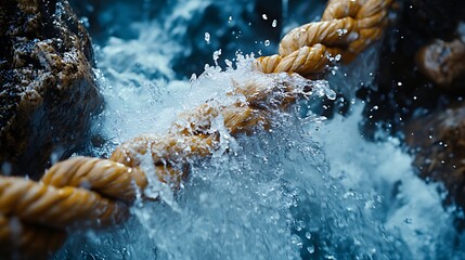 Ocean rope splash, coastal rocks, surging waves, nautical strength
