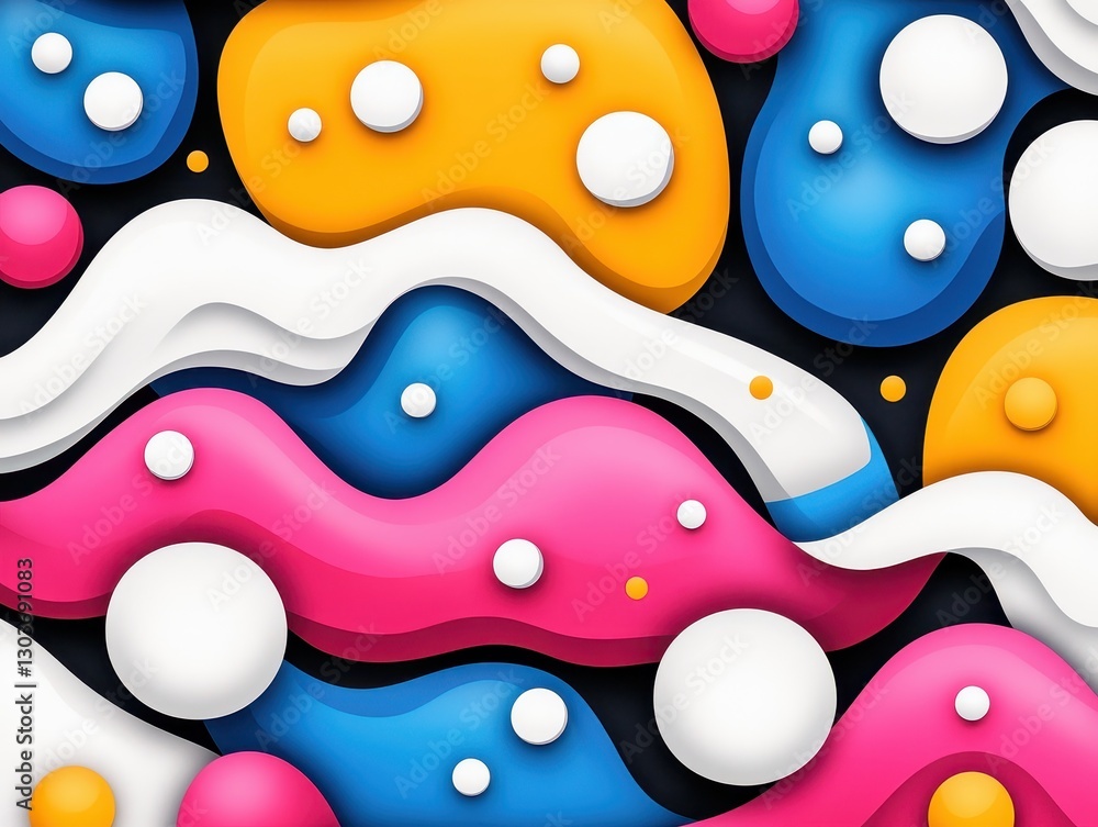 Poster abstract colorful shapes and patterns with smooth curves and bubbles on a dark background
