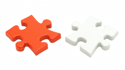 two puzzle pieces, one red and one white, lie side-by-side, symbolizing connection and problem-solving. The pieces are on an isolated background 