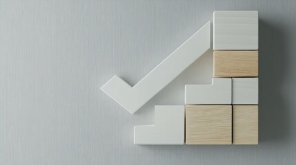 Abstract wooden blocks forming a checkmark on a light background. Possible use Business presentation or education material