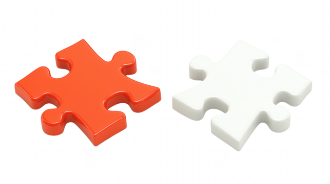 two puzzle pieces, one red and one white, lie side-by-side, symbolizing connection and problem-solving. The pieces are on an isolated background 