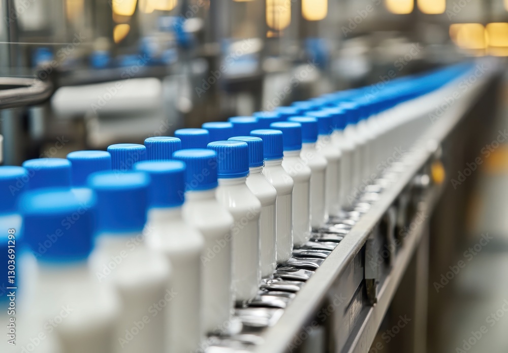 Poster bottles of white liquid with blue caps on a conveyor belt in a factory displaying automated producti