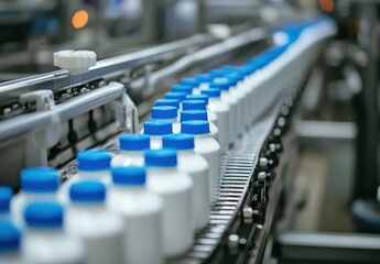 Obraz premium Bottles on Conveyor Belt in Modern Manufacturing Facility Representing Industrial Production, Automation, and Quality Control in Beverage or Pharmaceutical Sector