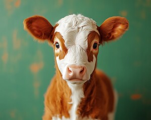 Calf Portrait Fuzzy Cow in Front of Green Wall