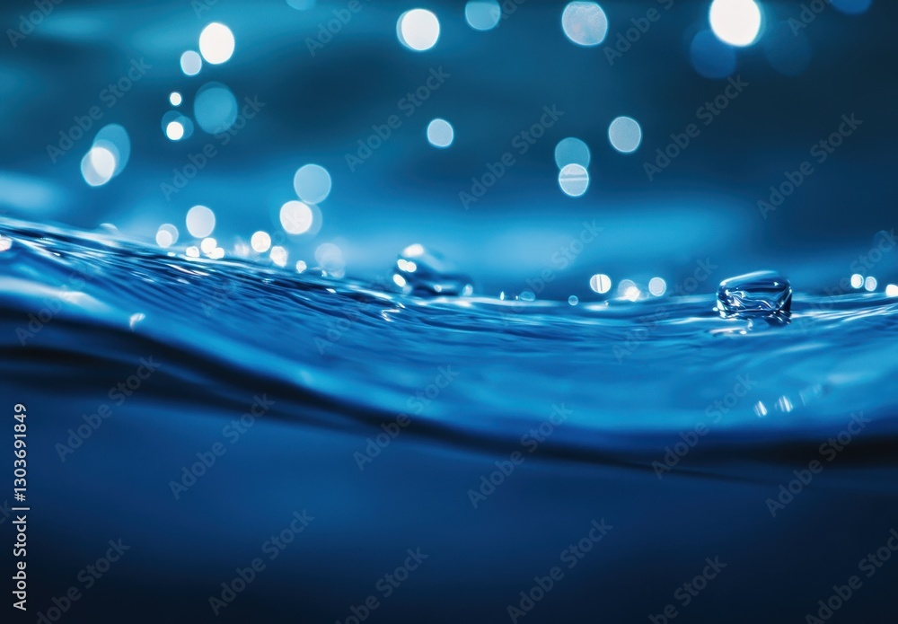 Poster calm and tranquil blue water surface with glittering bokeh highlights from natural light reflections