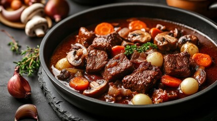 A hearty, simmering beef stew warms the kitchen, showcasing tender chunks of meat, vibrant carrots, and earthy mushrooms, surrounded by aromatic herbs and comforting spices
