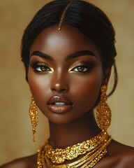 A woman with radiant brown skin and golden jewelry gazes confidently at the camera. Her deep eyes and elegant makeup create a regal aura.
