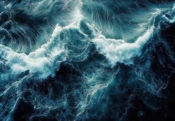 Captivating Ocean Waves in Turbulent Sea - High-Resolution Aerial View of Dark Blue Water with White Foam and Energetic Currents Under Bright Light