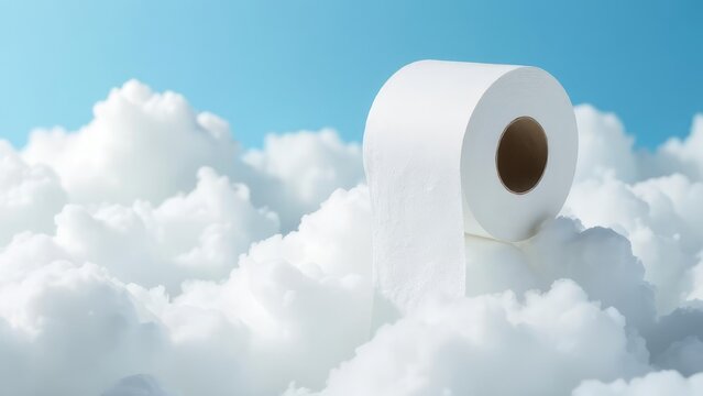 A roll of white toilet paper rests on fluffy clouds against a blue sky. Concept of: Comfort in necessity.