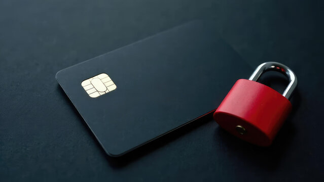 A black credit card with a gold chip sits next to a red padlock on a dark background. Concept of: Data and financial security.