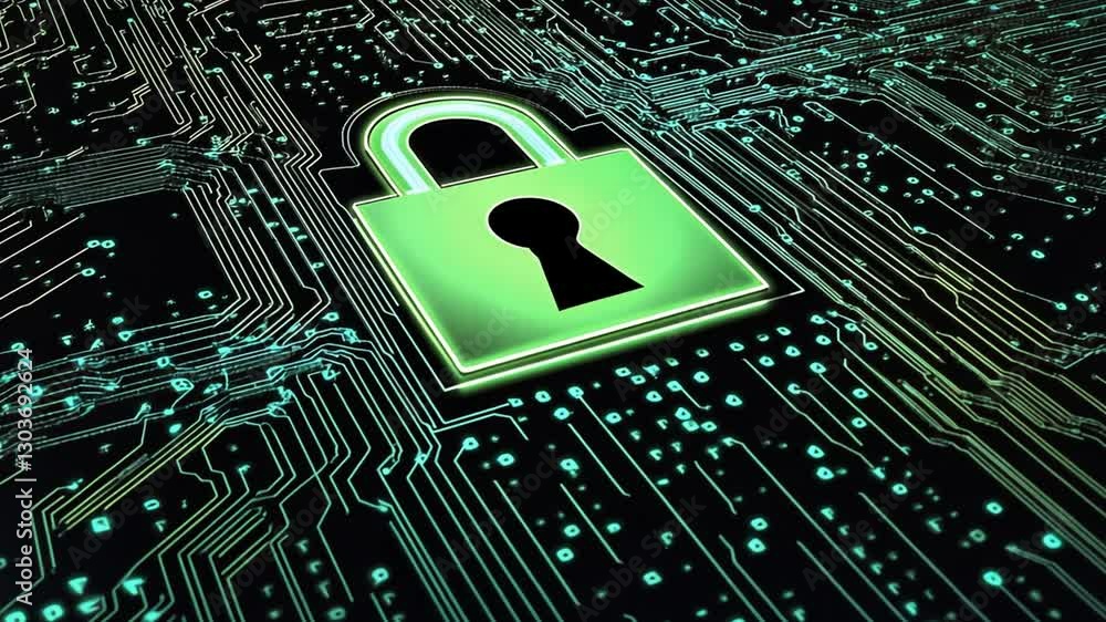 Poster cybersecurity concept: green padlock on digital circuit board for data protection