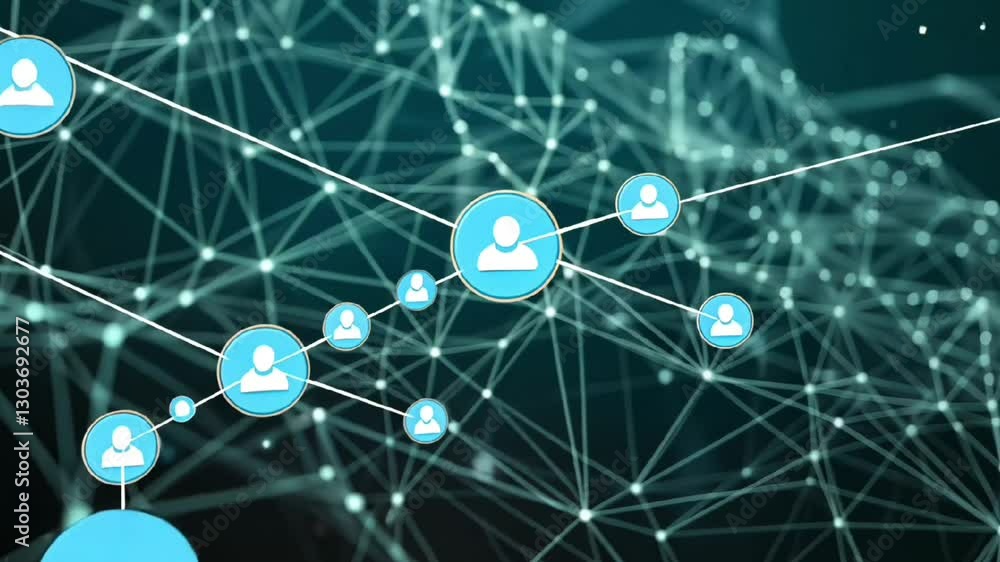Poster glowing digital network with interconnected nodes and social media user icons on dark background