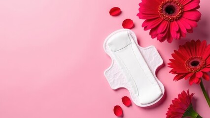 A sanitary pad alongside red gerbera flowers and scattered petals on a pink background.
Concept of: Feminine well-being.