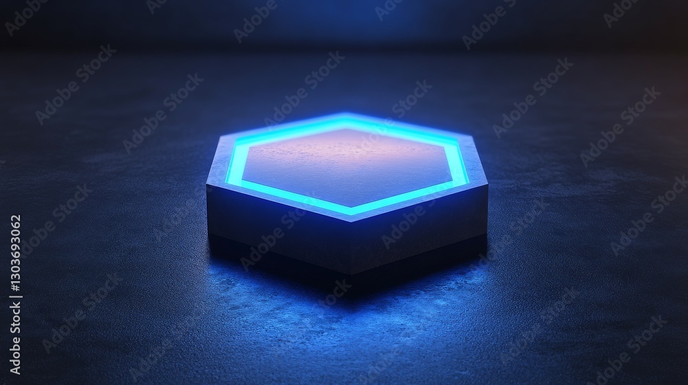 Poster a glowing hexagonal platform placed on a dark textured surface