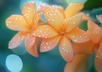 Fototapeta premium Close-up of orange flowers with five petals each, covered in water droplets, against a blurred green background