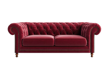 Luxurious red velvet couch with tufted design enhancing a stylish living room aesthetic isolated on transparent background