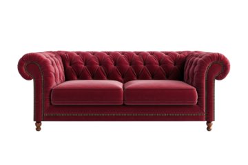 Luxurious red velvet couch with tufted design enhancing a stylish living room aesthetic isolated on transparent background