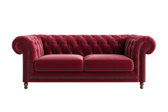 Luxurious red velvet couch with tufted design enhancing a stylish living room aesthetic isolated on transparent background