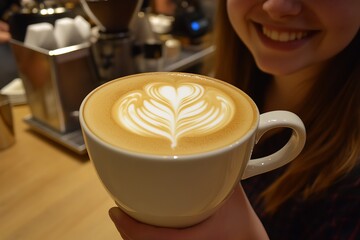 Delicious Latte Art Coffee Drink in White Cup Woman Holding Beverage Cafe Barista Shop Aromatic Caffeine Morning Energy Hot Drink Perfect Coffee Shop 