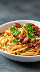 Delicious Pasta with Crispy Bacon, Feta, and Fresh Herbs on Plate, Restaurant Food Concept