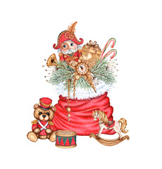 Red Santa Claus bag with Fir branches, nutcracker toys, bear, rocking horse, drum, gift watercolor illustration. Christmas, New Year isolated from background. Image for holiday design, greeting cards