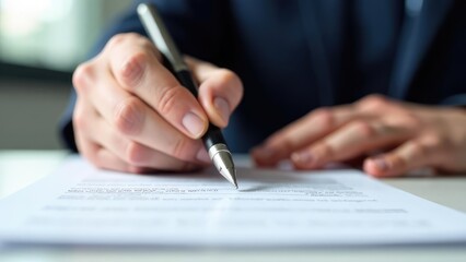 A person in a suit is writing on a paper. Concept of: Business documentation.