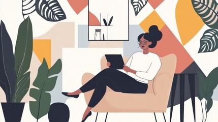 A young professional casually dressed and animated balances the tablet on her lap while lounging on a minimalist sofa. Surrounding her are muted tones and geometric patterns creating