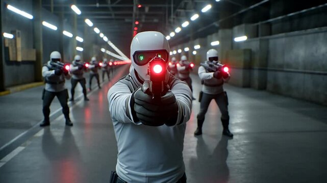 Futuristic law enforcement officers aiming laser guns in a dimly lit industrial corridor