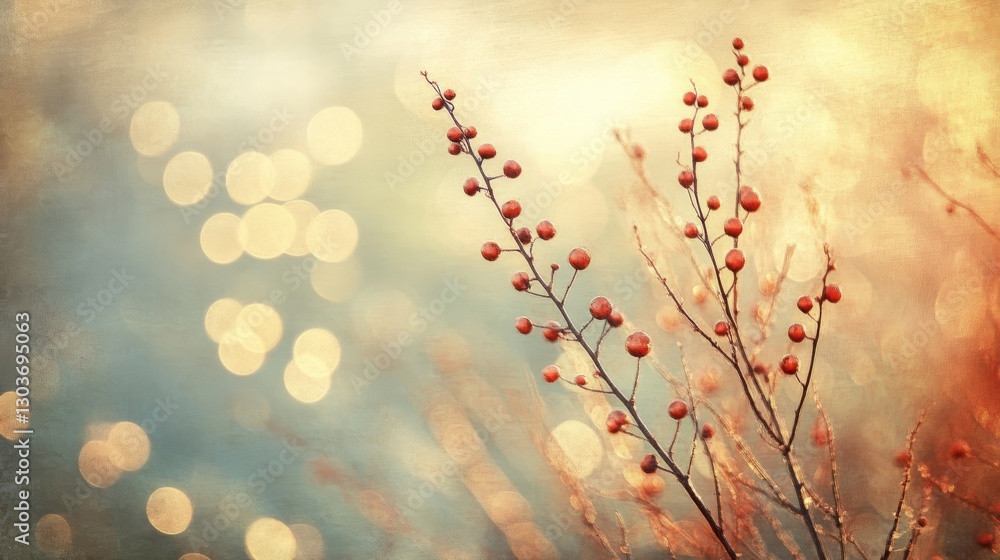 Poster red berries on delicate branches with bokeh effects background