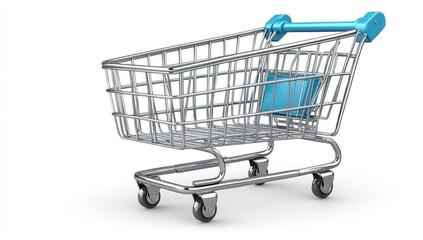 Metallic shopping cart on a white background, symbolizing retail and consumerism