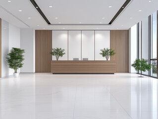 Fototapeta premium Modern office reception area with wooden desk and greenery, bright ambiance