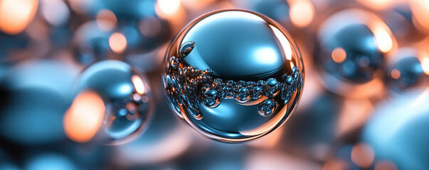 Dynamic reflection of metallic spheres abstract art digital creation vibrant colors close-up view concept of science