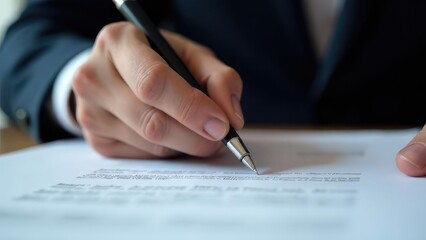 Naklejka premium A businessman in a suit is signing or writing on a legal document with a pen. Concept of: Legal agreement.