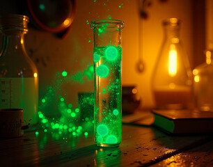 Bioluminescent bacteria in test tube. Surreal depiction of genetically modified bacteria emitting neon-green light in glass.