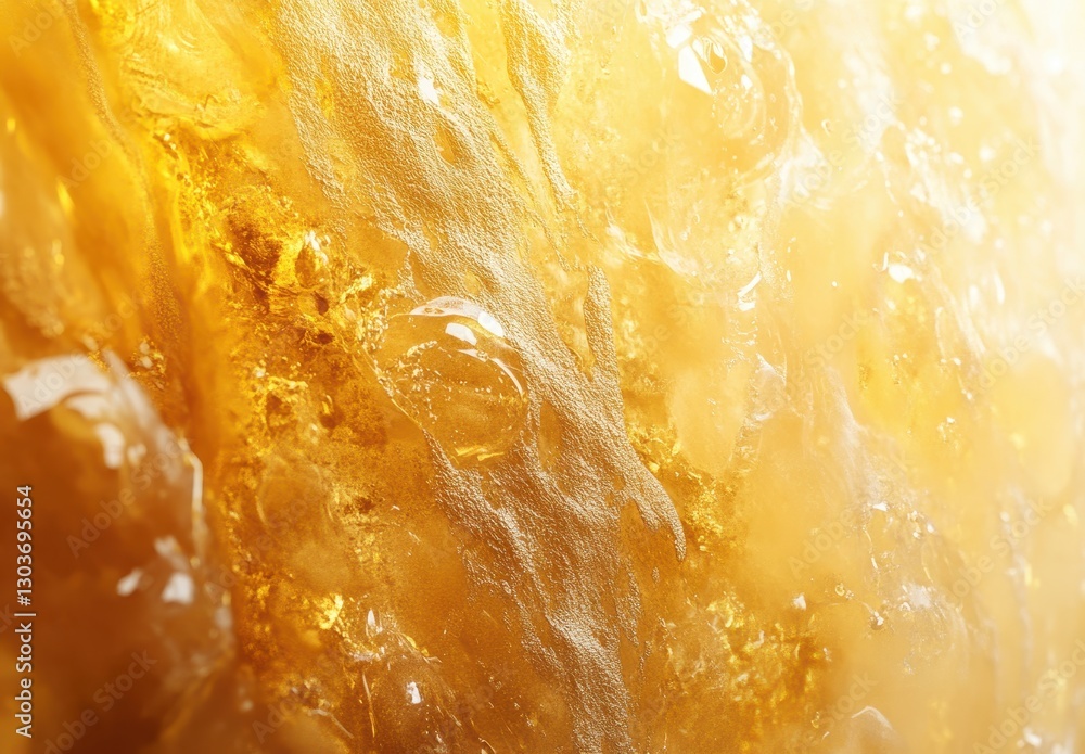 Poster close-up view of golden bubbles in clear liquid with beautiful texture and light reflections under b