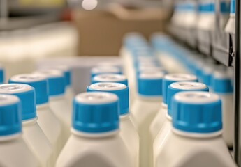 Obraz premium Close-up View of Milk Bottles with Blue Caps in a Grocery Store Aisle, Highlighting Dairy Products and Clean Packaging