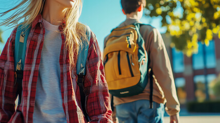 Fototapeta premium Students walking outdoors with backpacks, captured in a dynamic medium shot, with a focus on the journey of learning.