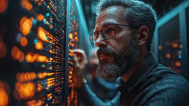 A bearded man examines server data closely in a data center