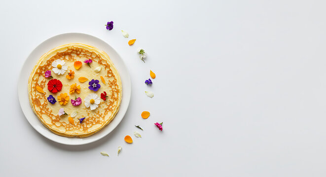 Panqueques decorados con flores comestibles. jarabe de arce