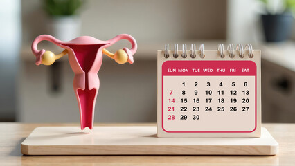 Female reproductive system model stands next to a calendar on a table. Concept of menstrual cycle.