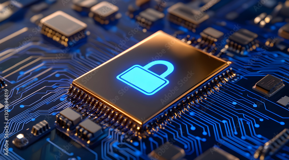Poster a glowing blue illuminated computer chip symbolizing advanced technology and cutting-edge compliance